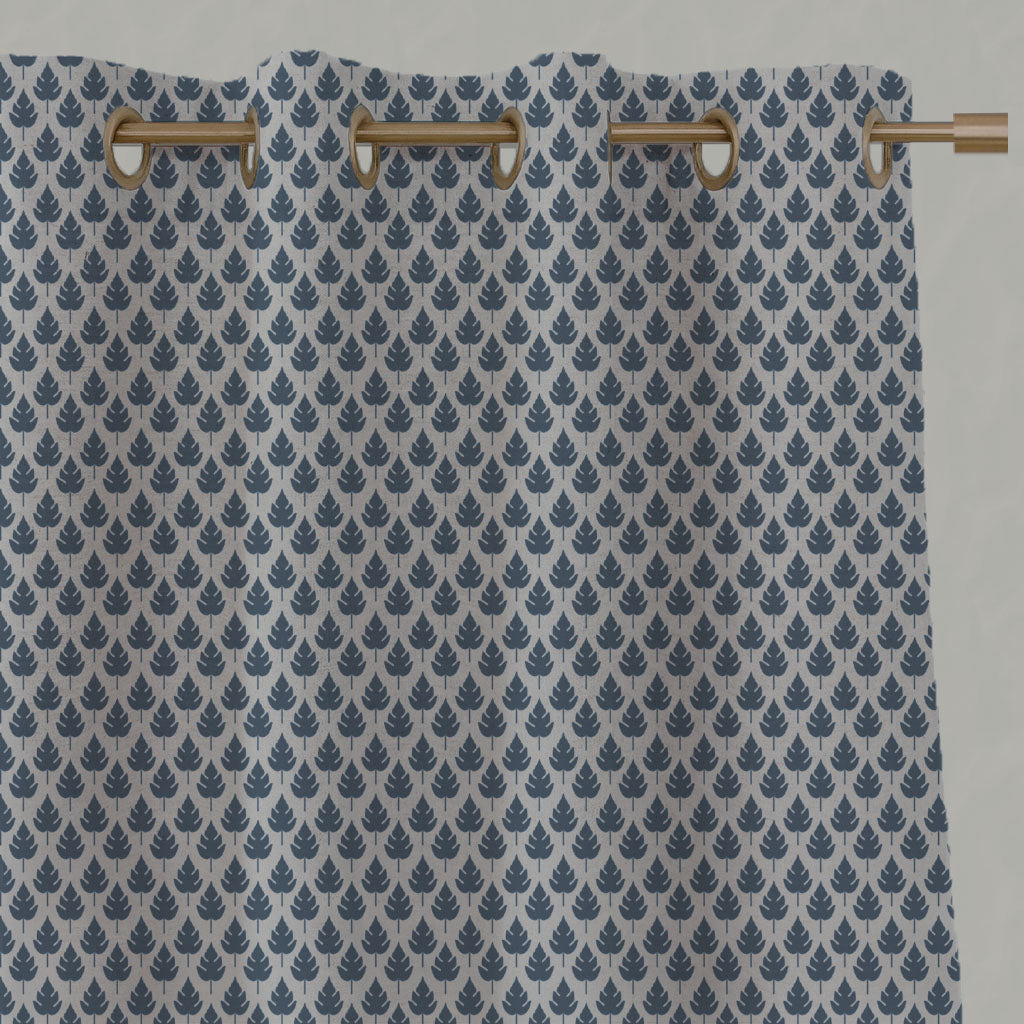 Blue Botanical Linen Eyelet Curtains - Kira-Nat Denim - Natural base fabric.