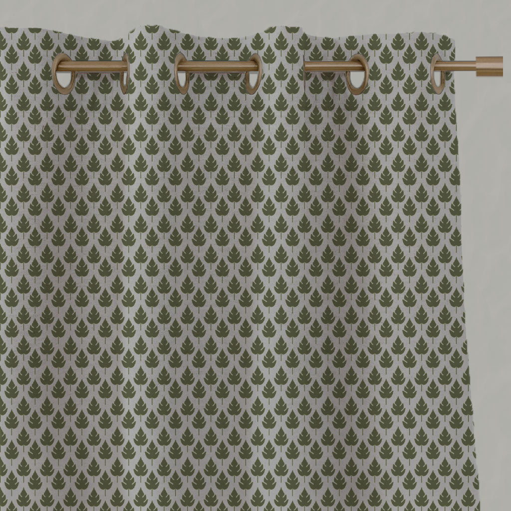 Green Botanical Linen Eyelet Curtains - Kira-Nat Khaki - Natural base fabric.