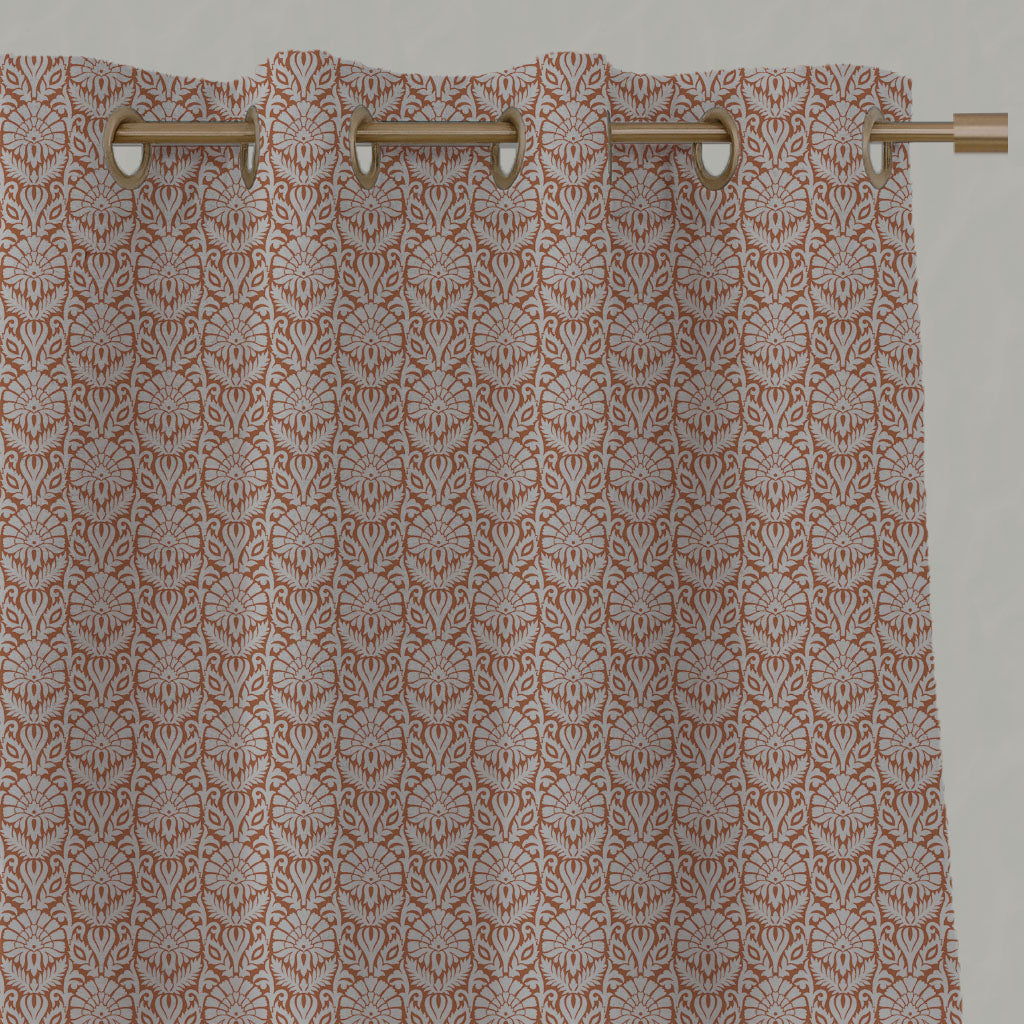 Orange Patterned Linen Eyelet Curtains - Krista Burnt Orange - Natural base fabric.