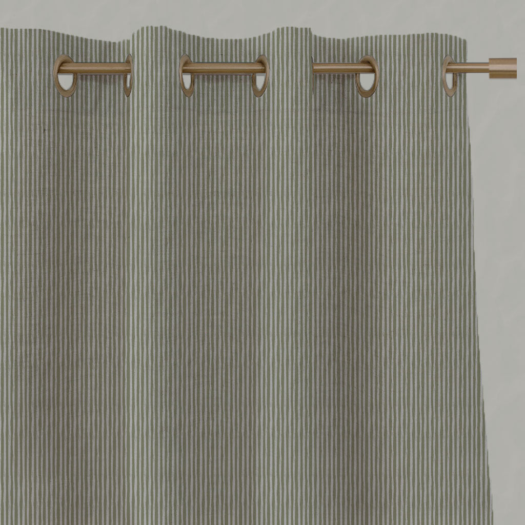 Green Striped Linen Eyelet Curtains - Laila Olive - Natural base fabric.