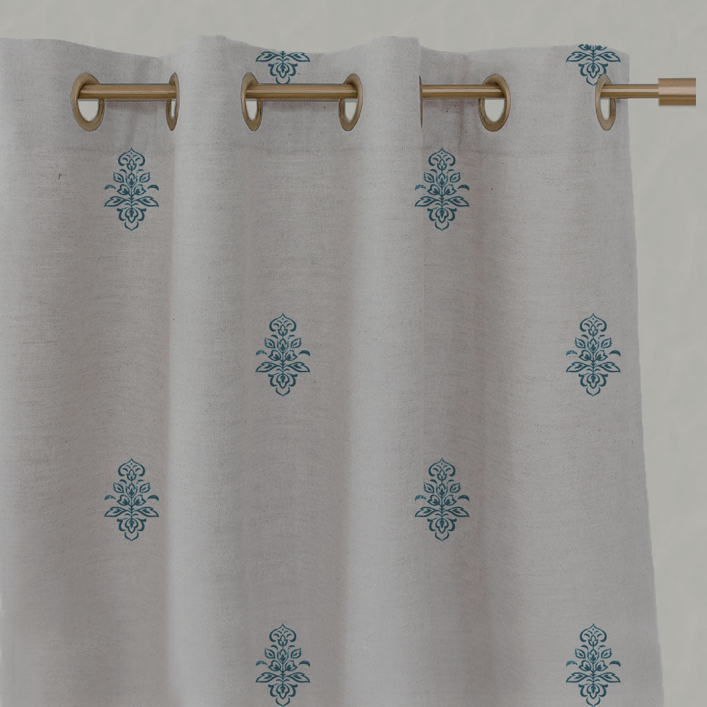 Blue Floral Linen Eyelet Curtains - Lisana-NAT Blue Stone - Natural base fabric.