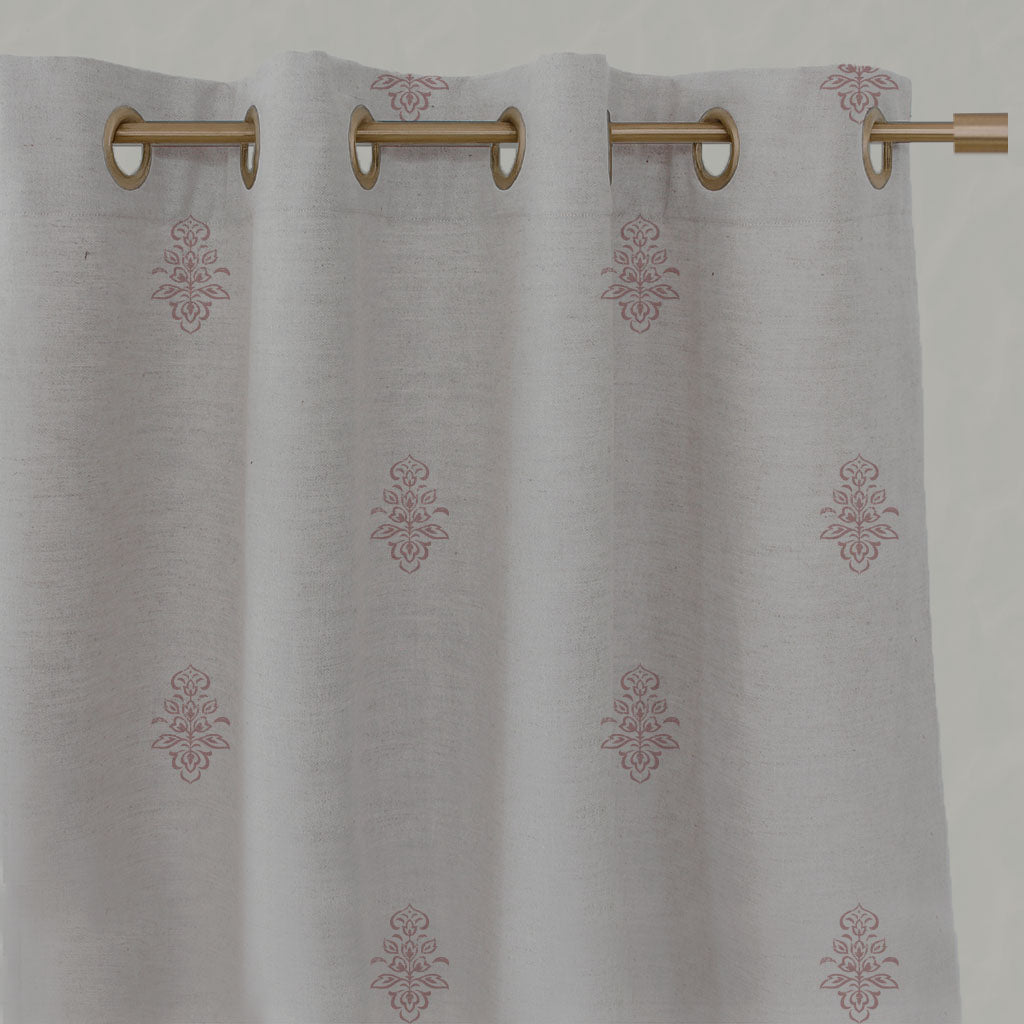 Pink Floral Linen Eyelet Curtains - Lisana-NAT Dusty Pink - Natural base fabric.