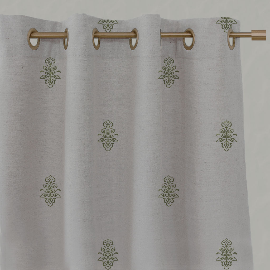 Green Floral Linen Eyelet Curtains - Lisana-NAT Khaki - Natural base fabric.