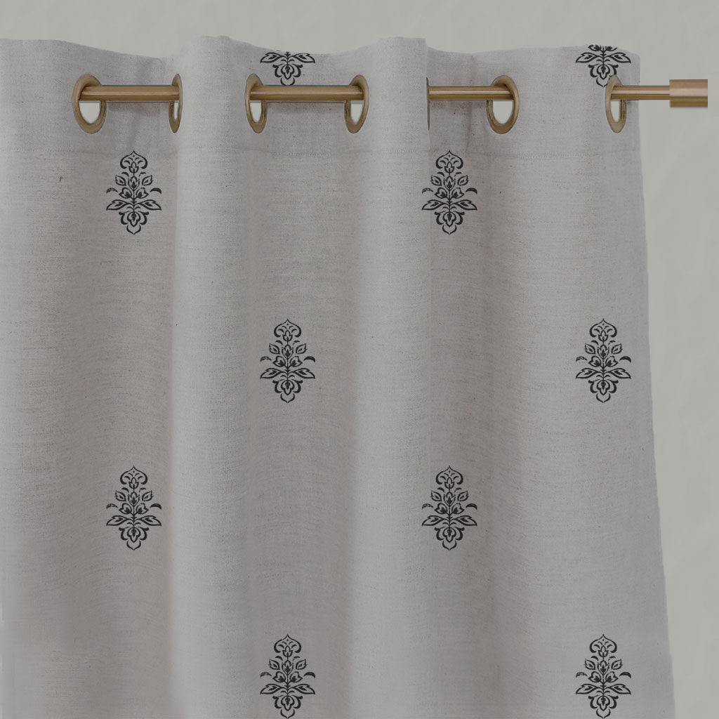 Black Floral Linen Eyelet Curtains - Lisana-NAT Noir - Natural base fabric.