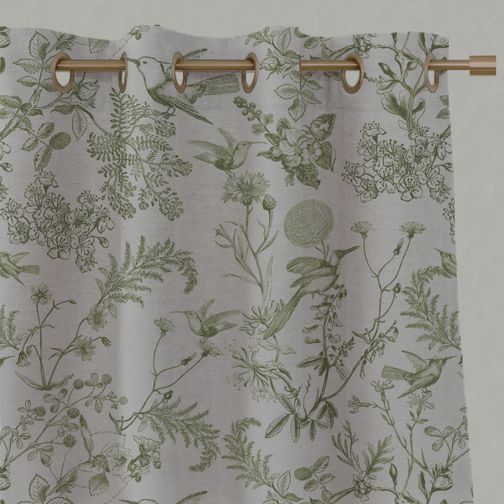 Green Floral Linen Eyelet Curtains - Marianne-INV Khaki - Natural base fabric.
