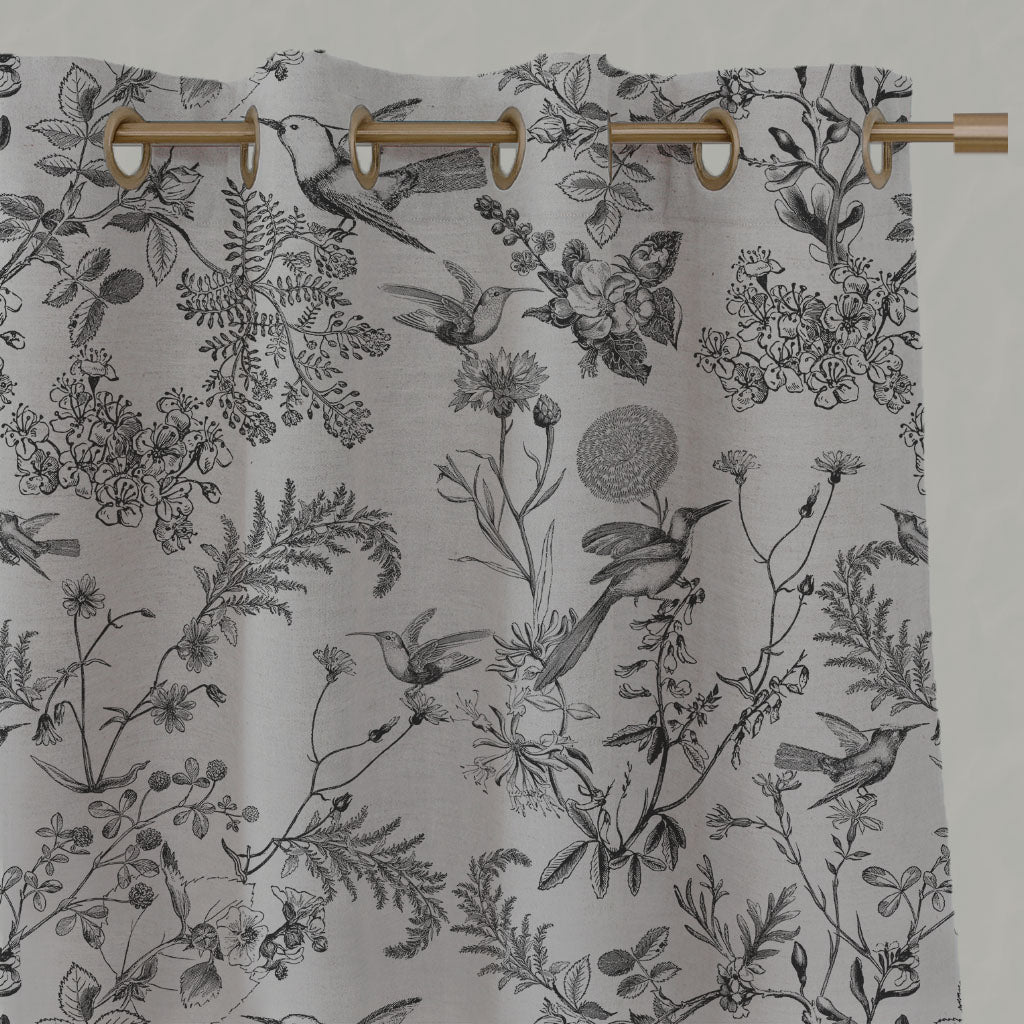 Black Floral Linen Eyelet Curtains - Marianne-INV Noir - Natural base fabric.