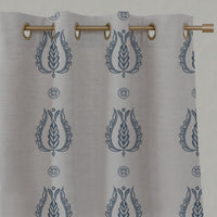 Blue Patterned Linen Eyelet Curtains - Maya Denim - Natural base fabric.