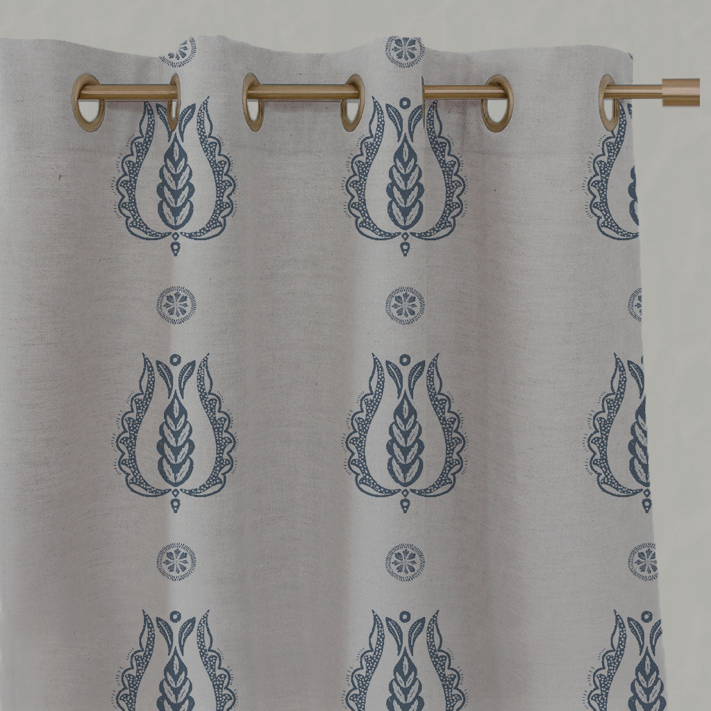 Blue Patterned Linen Eyelet Curtains - Maya Denim - Natural base fabric.