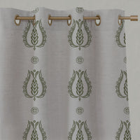 Green Patterned Linen Eyelet Curtains - Maya Khaki - Natural base fabric.