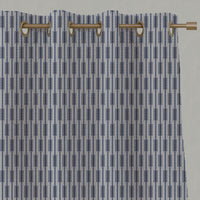 Blue Patterned Linen Eyelet Curtains - Millie Deep Blue - Natural base fabric.