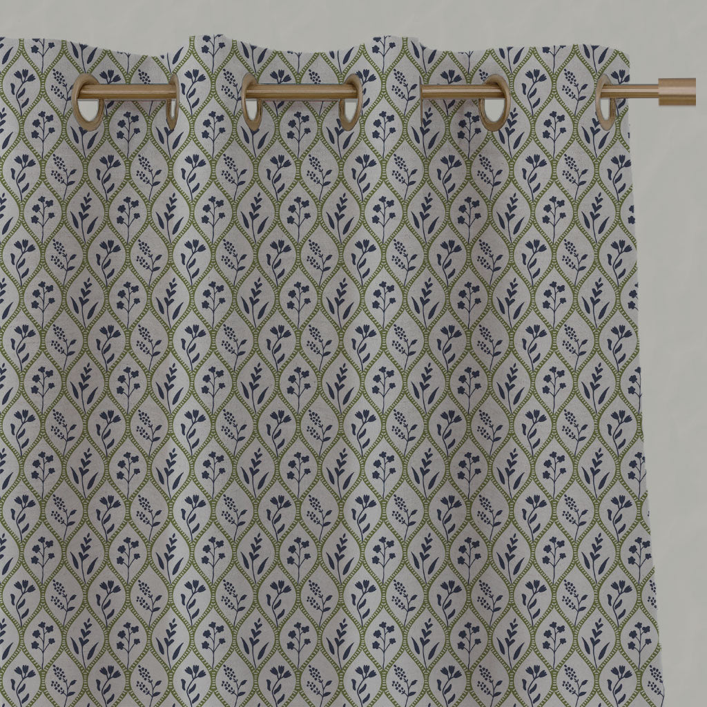 Green / Blue Floral Linen Eyelet Curtains - Miny Blue Green-INV - Natural base fabric.