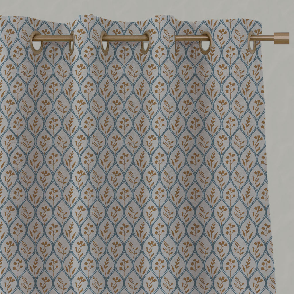 Blue / Orange / Yellow Floral Linen Eyelet Curtains - Miny Blue Ochre-INV - Natural base fabric.