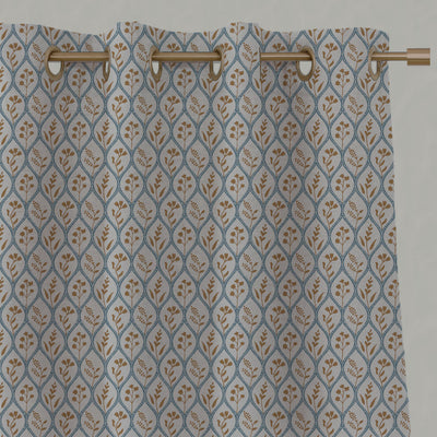 Blue / Orange / Yellow Floral Linen Eyelet Curtains - Miny Blue Ochre-INV - Natural base fabric.