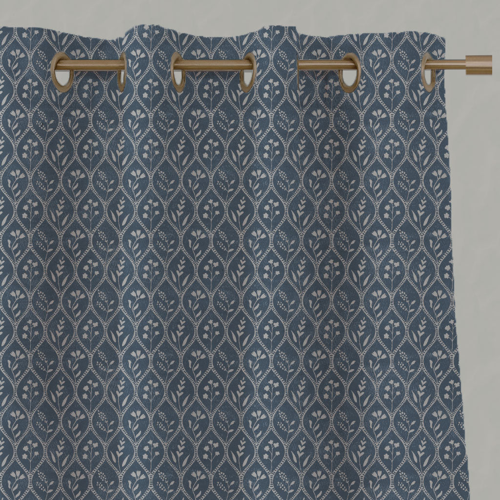 Blue Floral Linen Eyelet Curtains - Miny Denim - Natural base fabric.