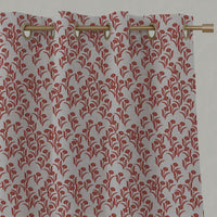 Red Botanical Linen Eyelet Curtains - Nalini Crimson Red - Natural base fabric.