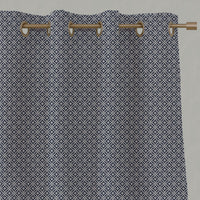Blue Patterned Linen Eyelet Curtains - Nella Deep Blue - Natural base fabric.