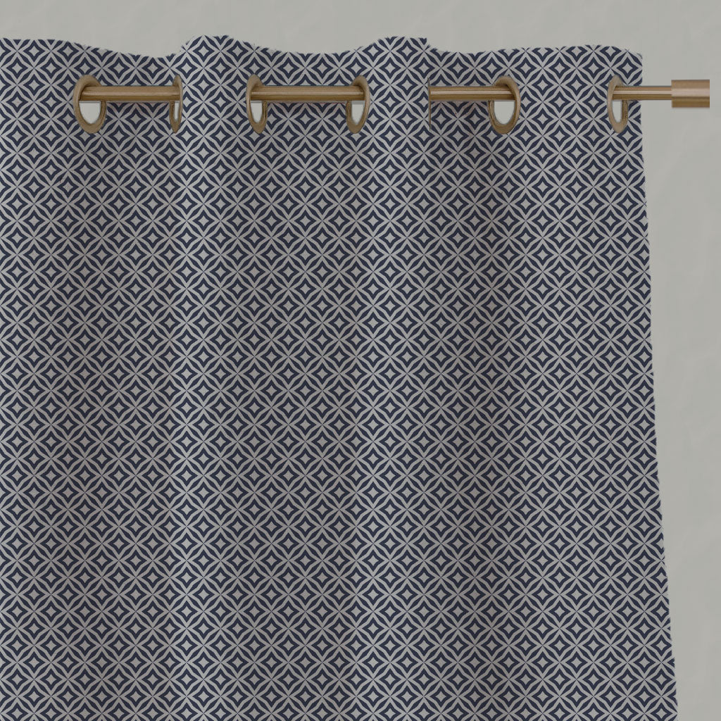 Blue Patterned Linen Eyelet Curtains - Nella Deep Blue - Natural base fabric.