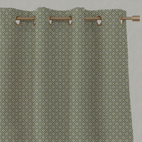 Green Patterned Linen Eyelet Curtains - Nella Leaf - Natural base fabric.