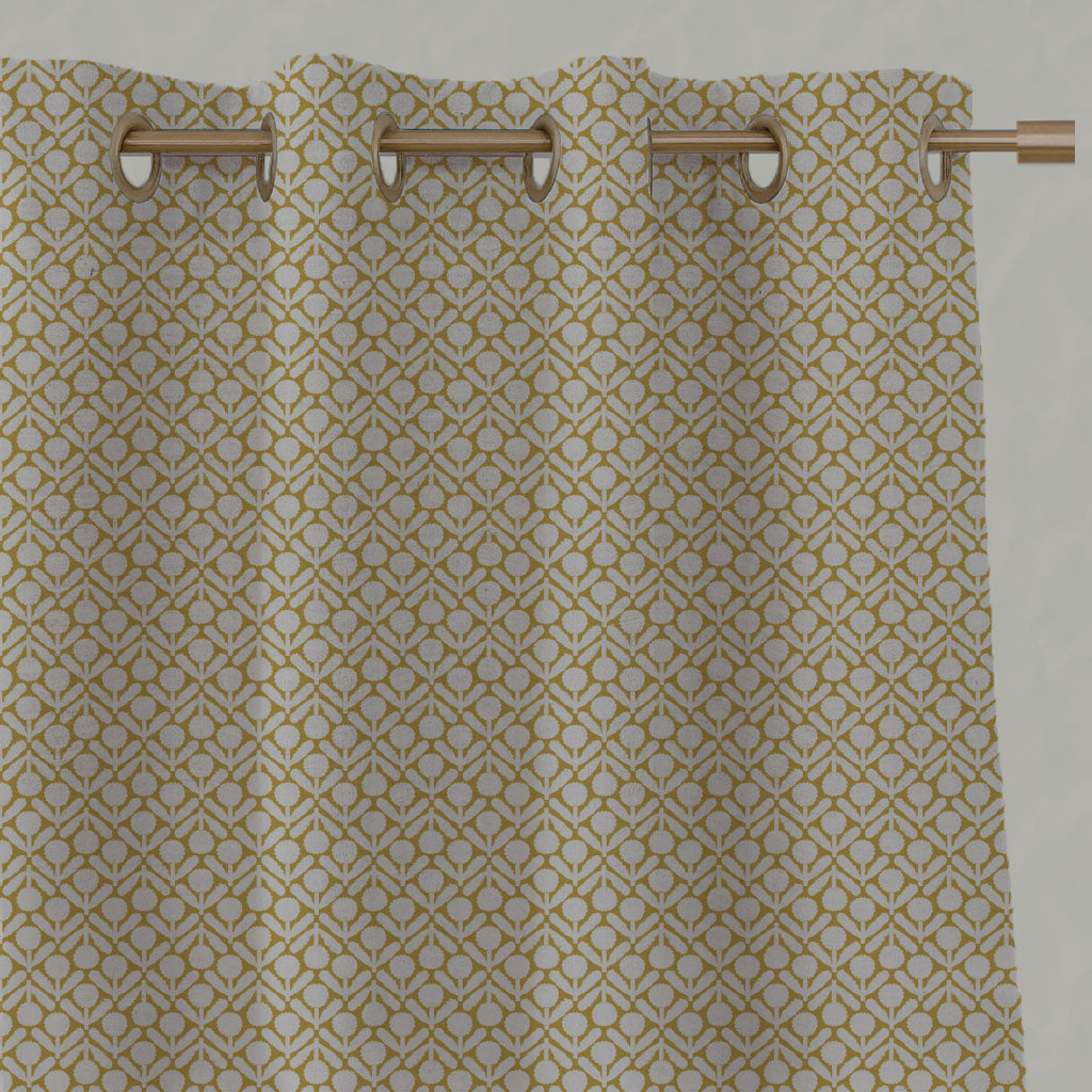Yellow Floral Linen Eyelet Curtains - Nessa Mustard - Natural base fabric.
