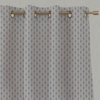 Grey Patterned Linen Eyelet Curtains - Nikolet Ash - Natural base fabric.