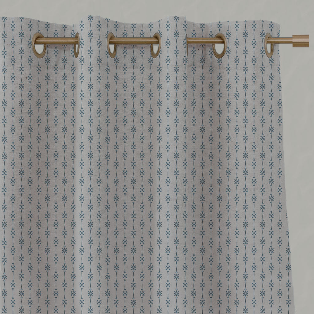 Blue Patterned Linen Eyelet Curtains - Nikolet True Blue - Natural base fabric.