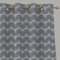 Blue Patterned Linen Eyelet Curtains - Ofira Denim - Natural base fabric.