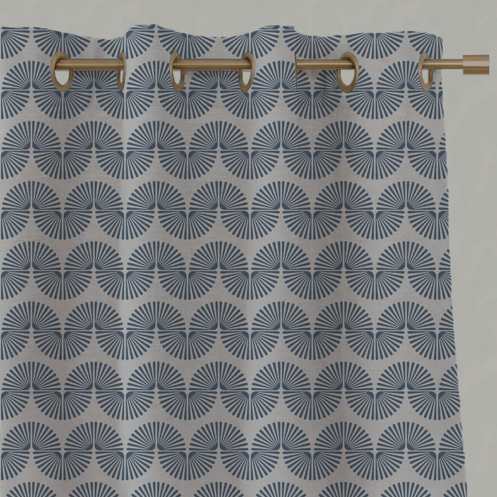 Blue Patterned Linen Eyelet Curtains - Ofira Denim - Natural base fabric.