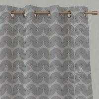 Grey Patterned Linen Eyelet Curtains - Ofira Greige - Natural base fabric.