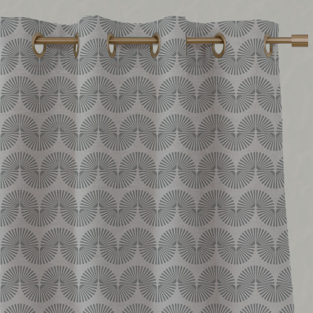 Grey Patterned Linen Eyelet Curtains - Ofira Greige - Natural base fabric.