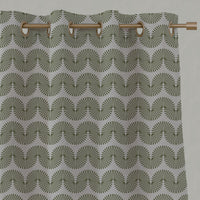 Green Patterned Linen Eyelet Curtains - Ofira Khaki - Natural base fabric.
