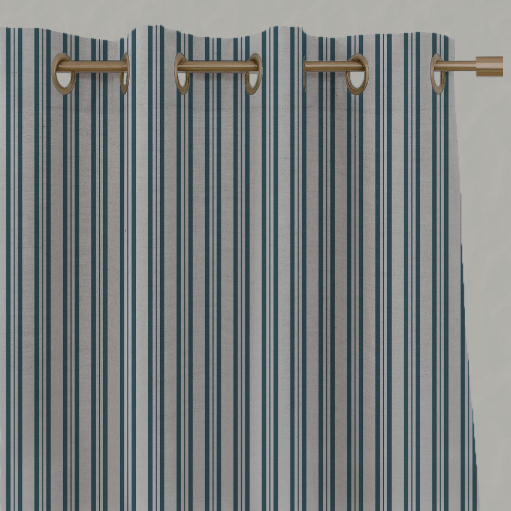 Blue Striped Linen Eyelet Curtains - Olga Blue Stone - Natural base fabric.
