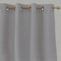 Blue Patterned Linen Eyelet Curtains - Ollie Deep Blue - Natural base fabric.