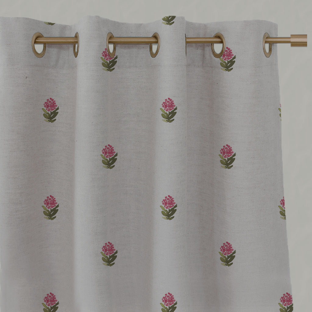 Red Floral Linen Eyelet Curtains - Paulina Cherry - Natural base fabric.