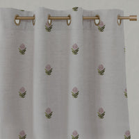Pink Floral Linen Eyelet Curtains - Paulina Pink - Natural base fabric.