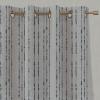Blue Patterned Linen Eyelet Curtains - Pearls Blue Stone - Natural base fabric.