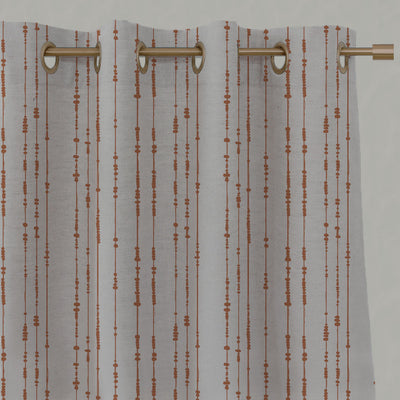 Orange Patterned Linen Eyelet Curtains - Pearls Burnt Orange - Natural base fabric.
