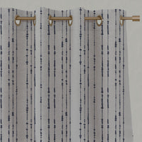 Blue Patterned Linen Eyelet Curtains - Pearls Deep Blue - Natural base fabric.