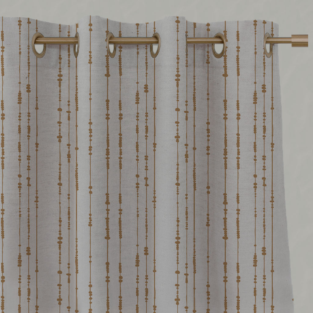 Orange / Yellow Patterned Linen Eyelet Curtains - Pearls Gold Ochre - Natural base fabric.