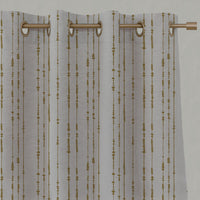 Yellow Patterned Linen Eyelet Curtains - Pearls Gold Rod - Natural base fabric.