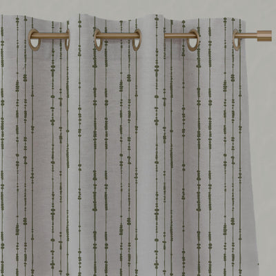 Green Patterned Linen Eyelet Curtains - Pearls Khaki - Natural base fabric.