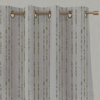 Green Patterned Linen Eyelet Curtains - Pearls Olive - Natural base fabric.