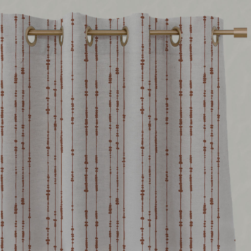 Orange Patterned Linen Eyelet Curtains - Pearls Terracotta - Natural base fabric.