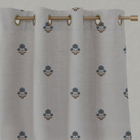 Blue / Brown Floral Linen Eyelet Curtains - Penelope Blue Sand - Natural base fabric.