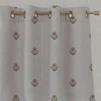 Pink / Green Floral Linen Eyelet Curtains - Penelope Pink Green - Natural base fabric.