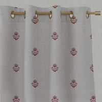 Red / Pink Floral Linen Eyelet Curtains - Penelope Pink Red - Natural base fabric.