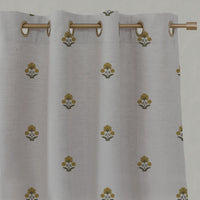 Green / Yellow Floral Linen Eyelet Curtains - Penelope Yellow Green - Natural base fabric.