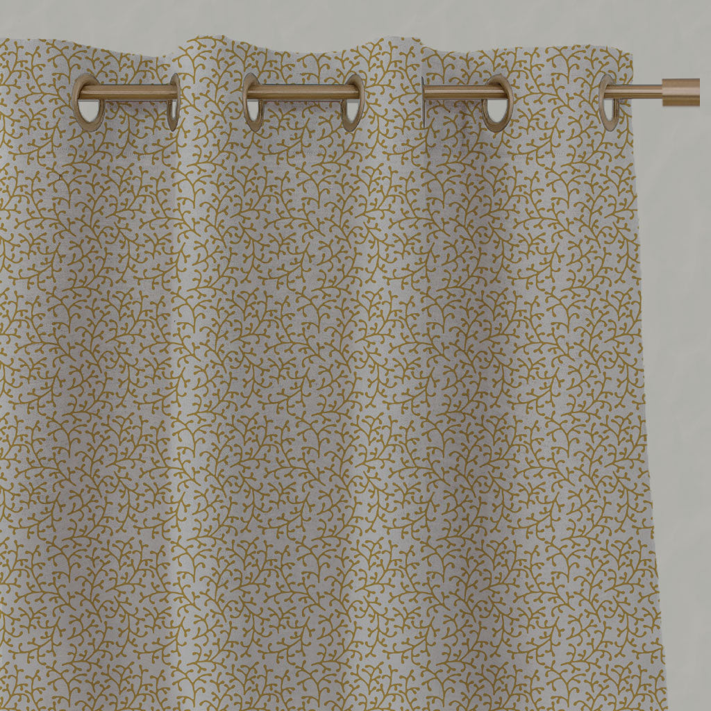 Yellow Botanical Linen Eyelet Curtains - Phila Mustard - Natural base fabric.