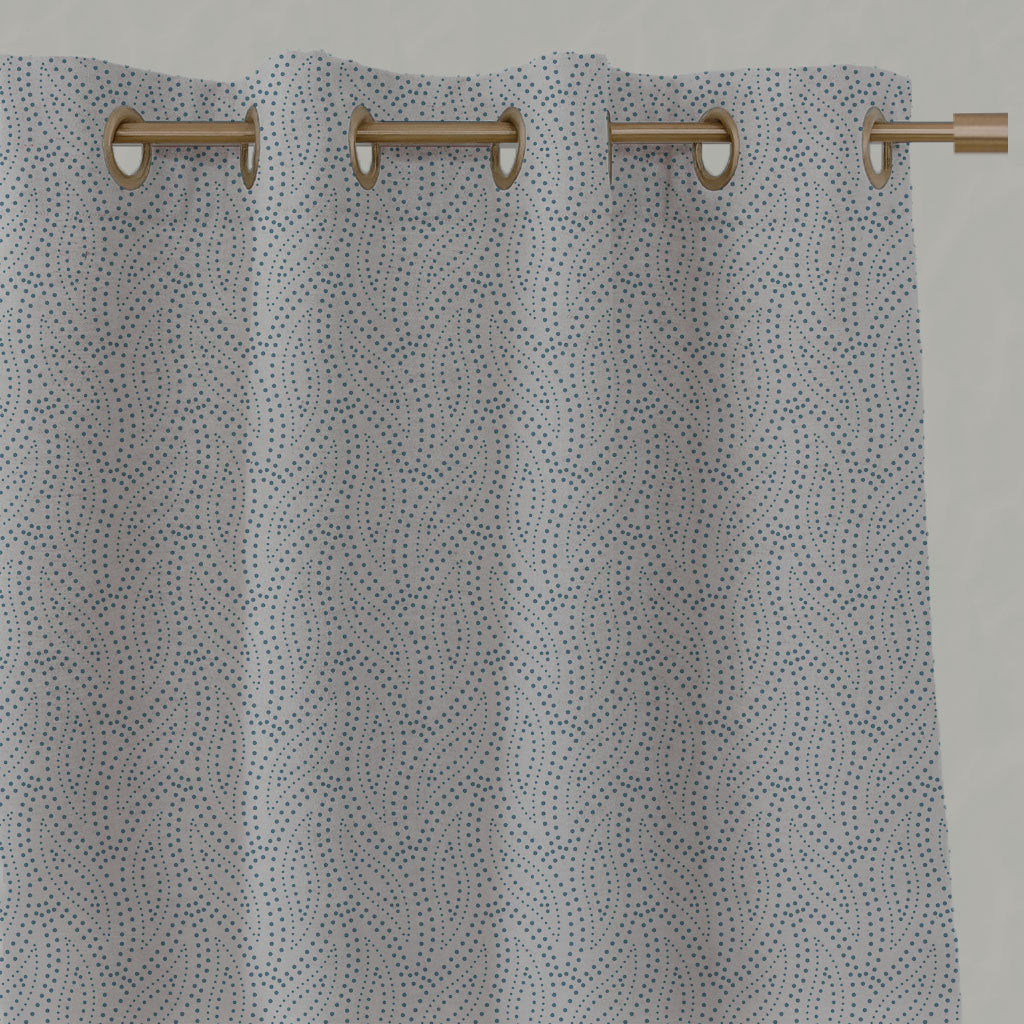 Blue Patterned Linen Eyelet Curtains - Pia Marine - Natural base fabric.