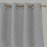 Blue Patterned Linen Eyelet Curtains - Pia Marine - Natural base fabric.