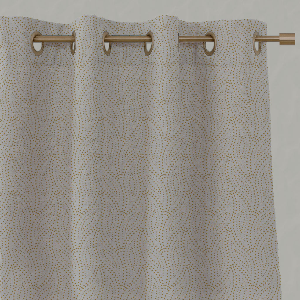 Yellow Patterned Linen Eyelet Curtains - Pia Mustard - Natural base fabric.